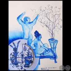 Descanso en el Edén - Serie AZUL dibujo sobre papel de Ricardo Migliorisi - Año: 2018